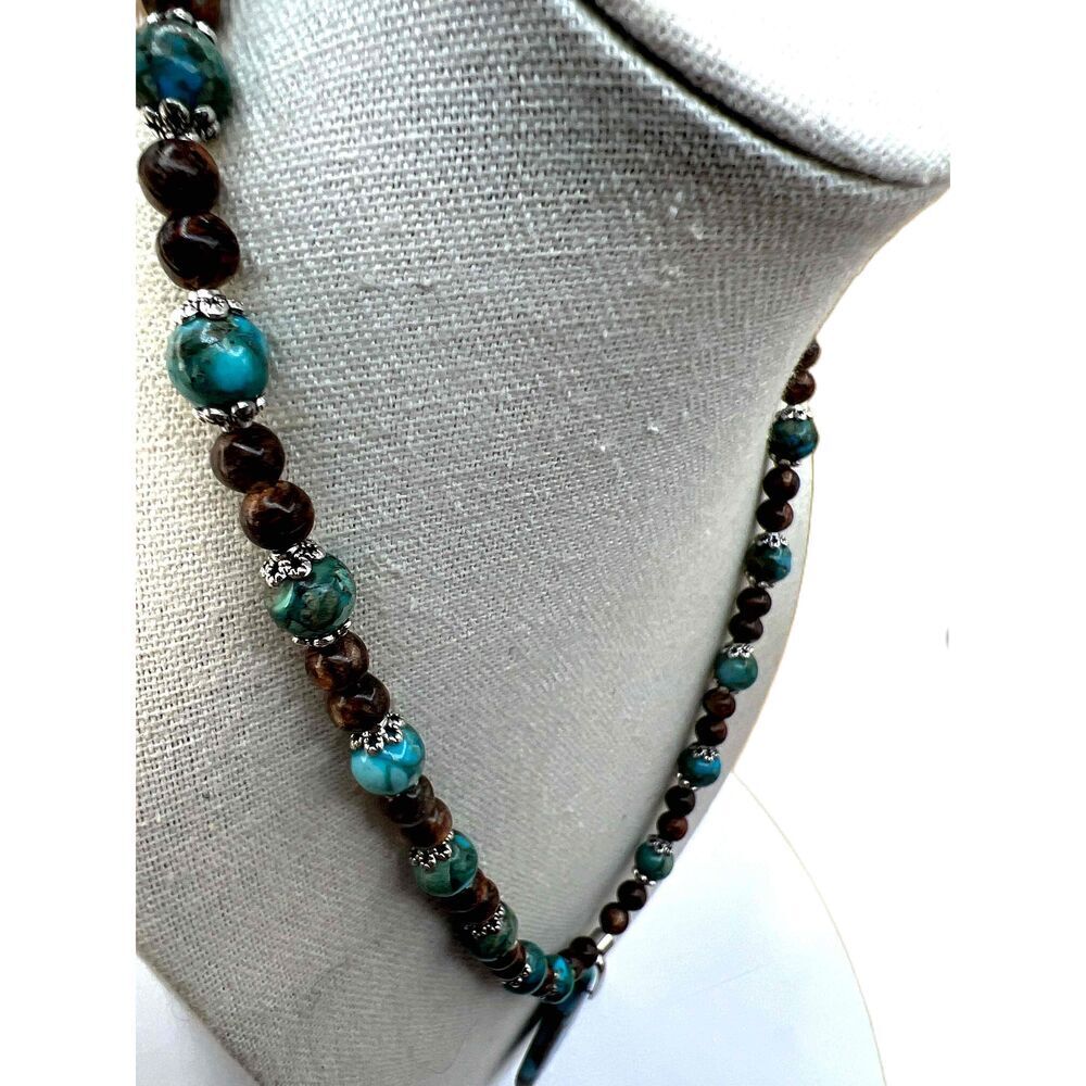 NEW Handmade Brown And Bluegreen Beaded Faux Turquoise Necklace - Picture 9 of 12
